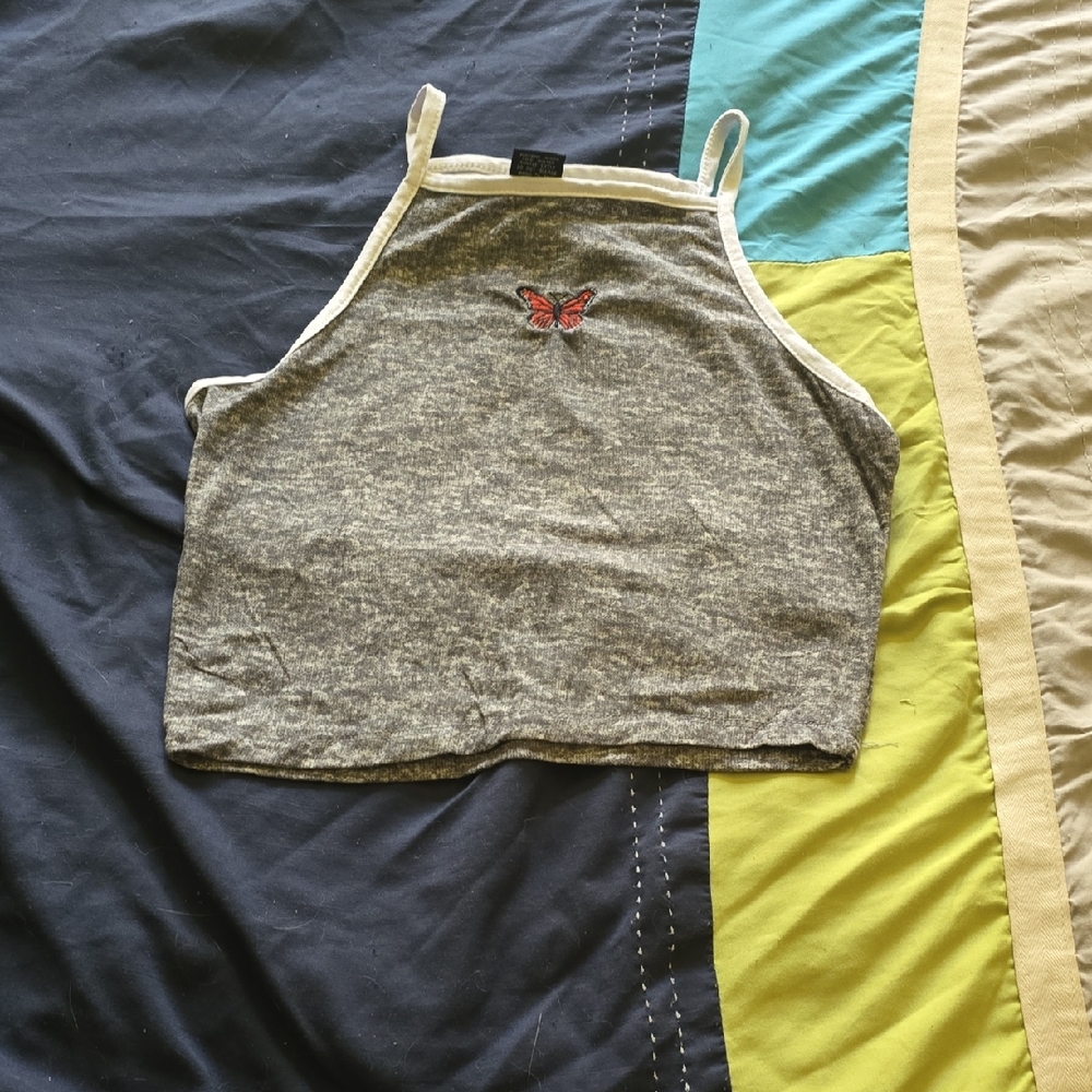 Gray Halter Top with Butterfly Embroidery